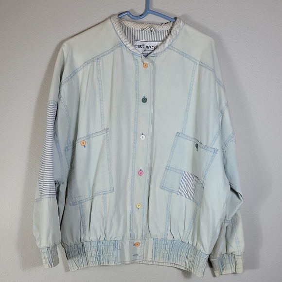Vintage 80s Women Faded Denim Bomber Jacket Size M Acid Wash Patchwork Grunge - Picture 1 of 15